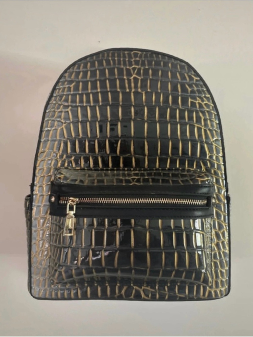 Black and Gold Croc-Embossed Backpack